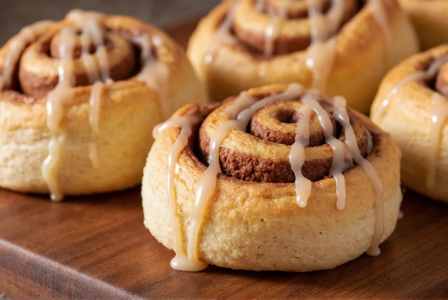 Professional food photography of freshly baked cinnamon rolls with golden brown color, visible spiral pattern, and creamy icing drizzle on wooden table