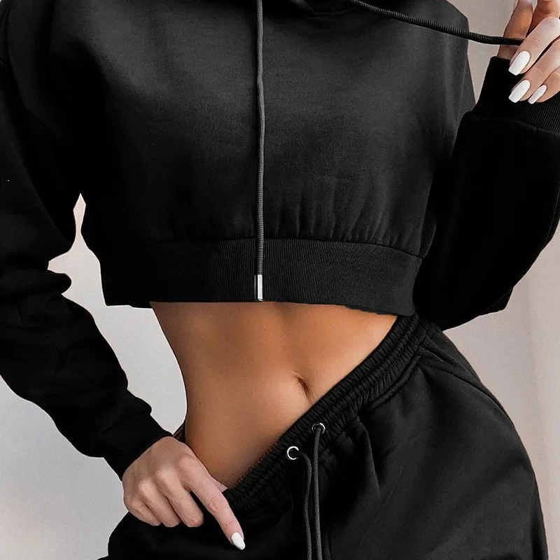 

Hot Selling 2021 Autumn And Winter New Plus Size Solid Color Sports Velvet Hoodie Tracksuits Suit Two Piece Set Women, Picture