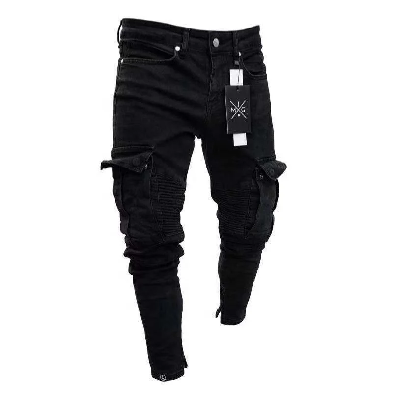 

European and American high street country beggar slim leg pants hot boy Trouser Ripped Biker Skinny Jeans Men