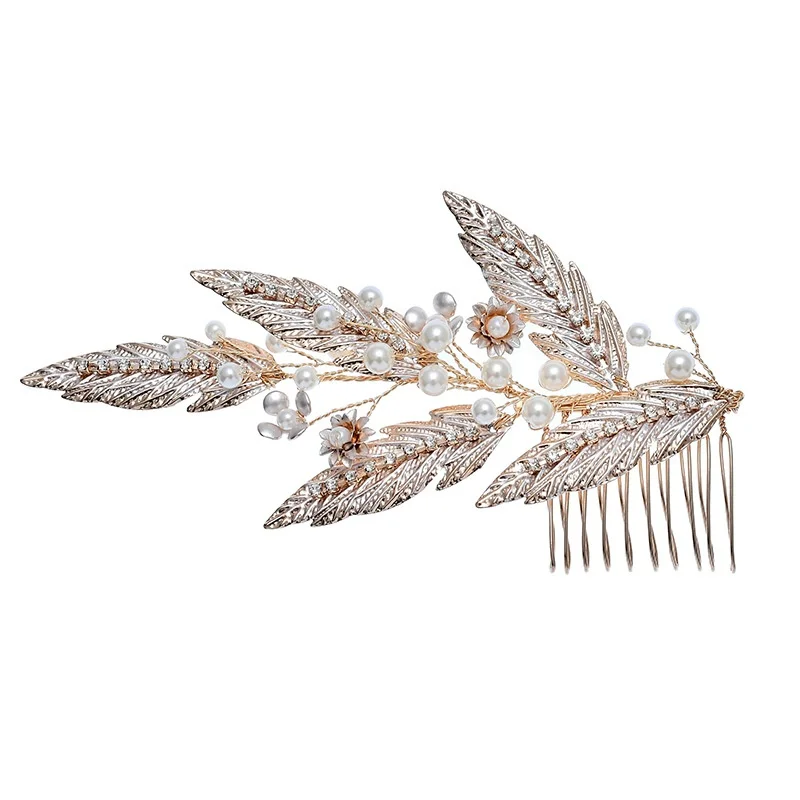 

Wholesale Fairly Leaf Wedding Hair Jewelry Accessories Headpiece Chiffon Gold Leaf Crystal Bridal Hair Comb, Silver