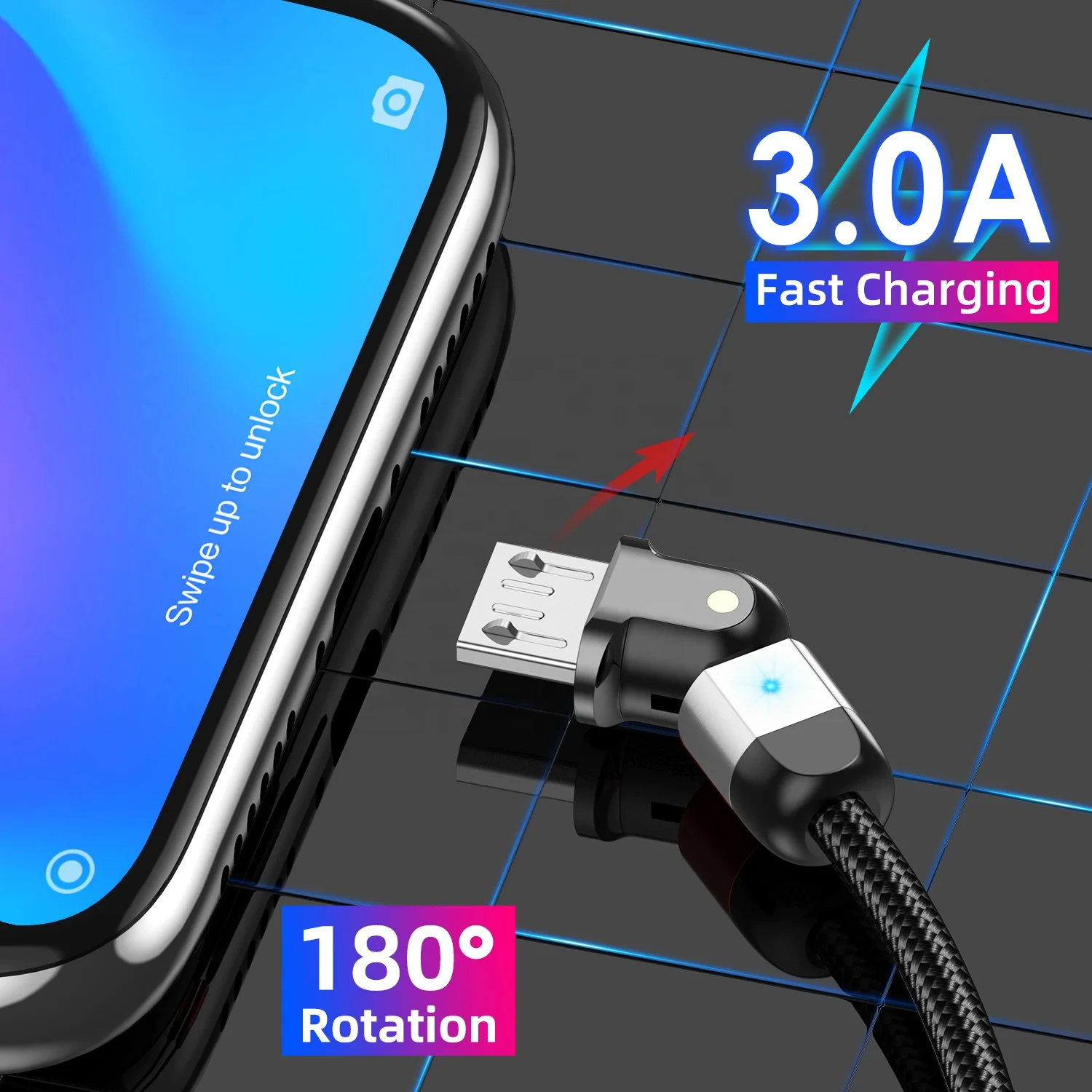 

USLION Cheap price 3A fast charging USB data cable 180 degree L shape straight dual use cell phone accessories cable, Black, red,silver,purple