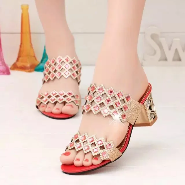 

Rhinestone thick heel mid heel flip flop-803, 4 colors