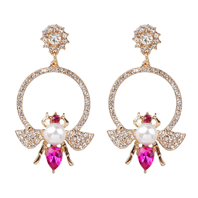 

European And American Geometric Rhinestone Earrings High Quality Bee Earrings With Pearls Wholesale Vintage Jewelry Women 2020, Pink