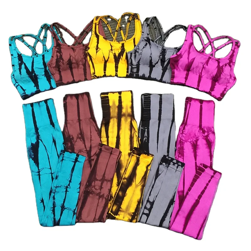 

2020 New Fashion Women Tie dyed Seamless Four Way Stretchy Yoga Set High Waist Gym Sports Yoga Gym Wear Set