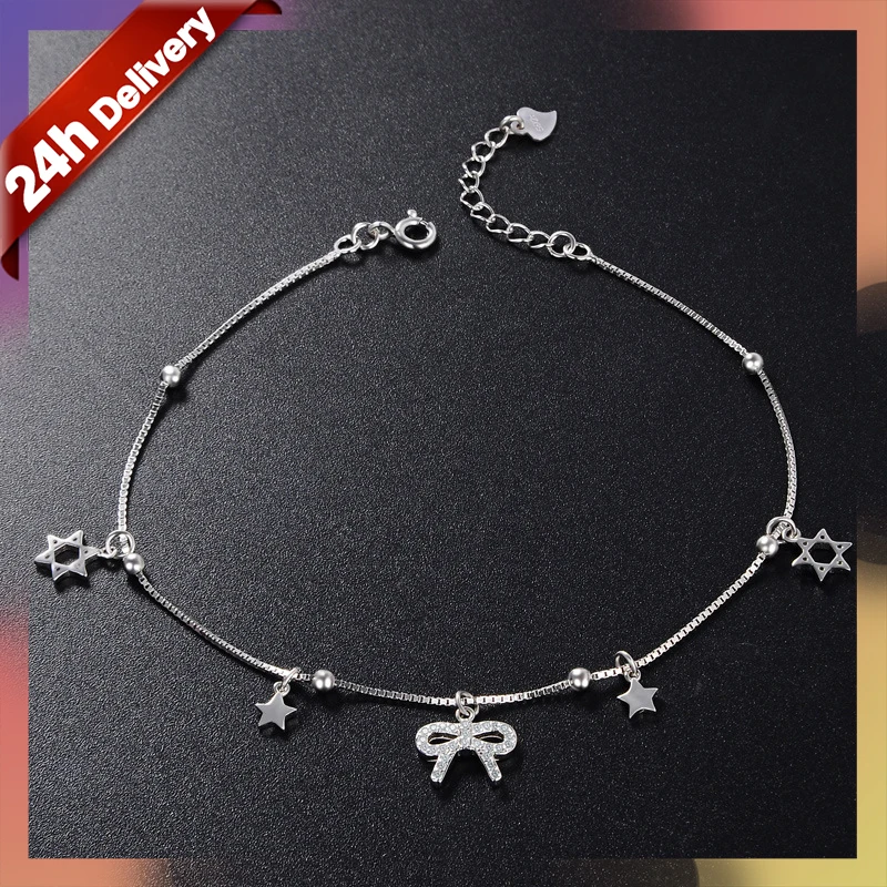 

Dylam silver jewelry supplier 925 Sterling Platinum Plated Anklet Bracelet cute Inital Star Pure butterfly Bow anklet