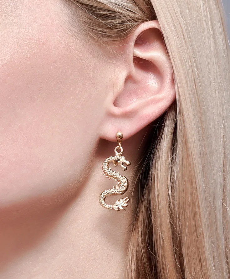 

NEULRY ins Personality Trendy Exaggerated Fashion Women Jewelry Dragon Shape Totem Big Stud Earrings, Gold