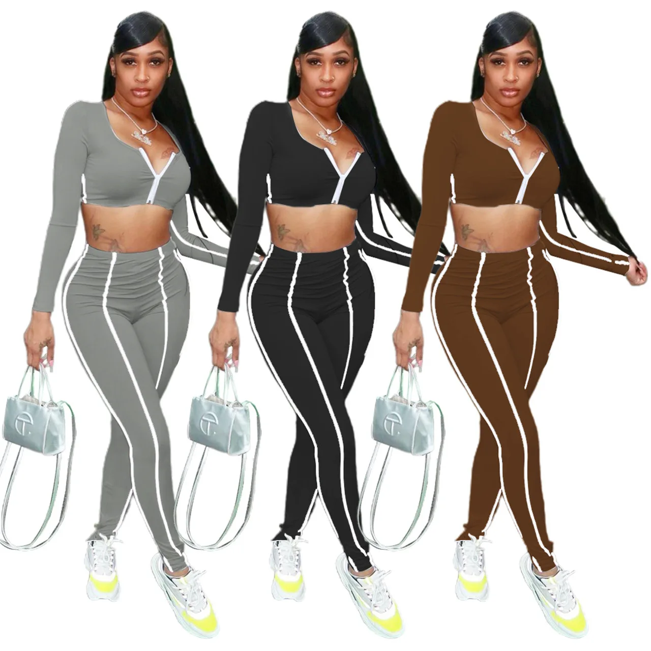 

Fashion Women Crop Top Set Casual Tracksuit 2 Piece Winter Outfits For Women Zipper Sweatsuit Autumn Two Piece Set