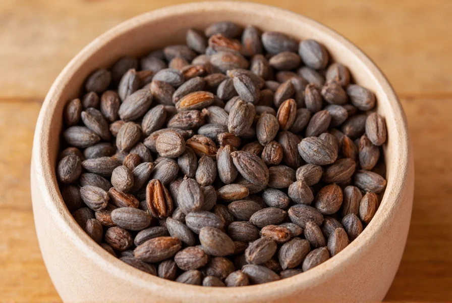 Close-up photograph of anise seeds showing their distinctive oval shape and grayish-brown color on a wooden table