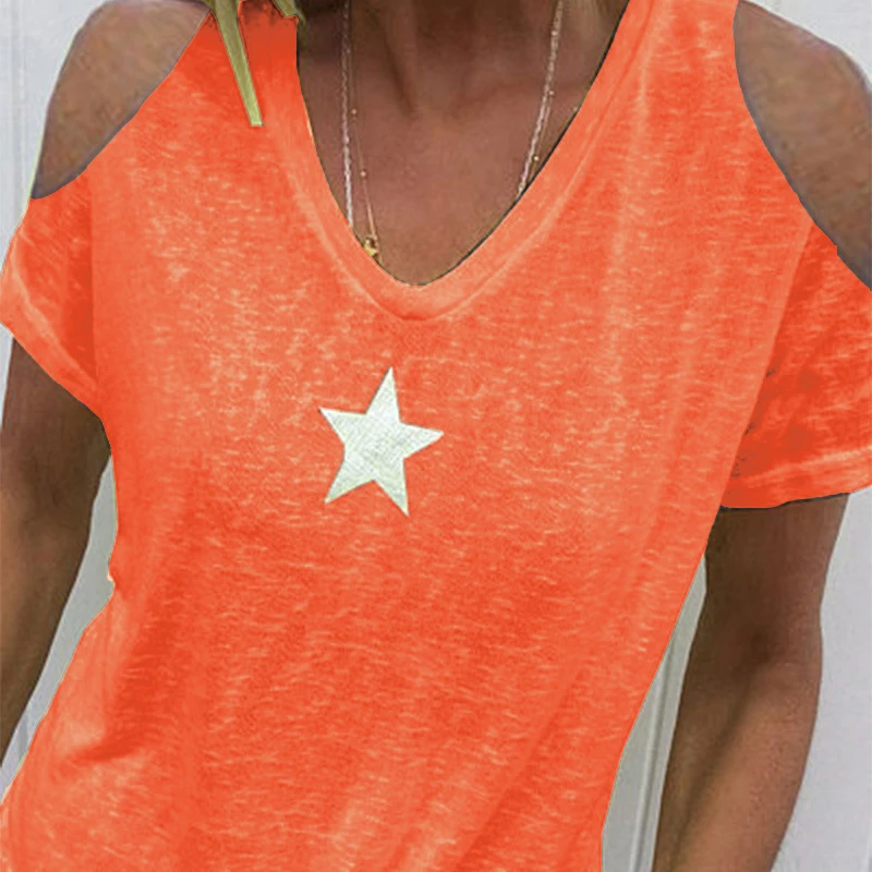 

2021summer women Five-pointed star printed T-shirt loose short sleeved tees T-shirt with bare shoulders