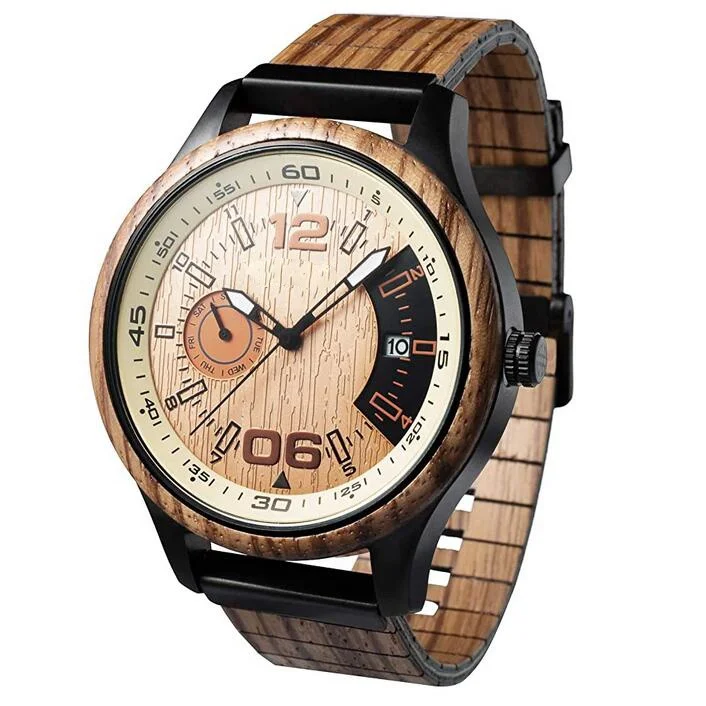 

3 ATM Waterproof Men's Wooden Watch Natural Wood and Leather Bracelet Analogue Quartz Miyota Calendar Watch