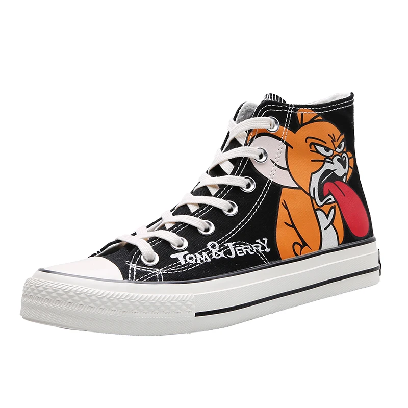 

Dropshipping Tom and Jerry Unisex Cartoon Printed Graffiti Women Lace-up Black Sneakers Men's High-Top Canvas Shoes, Black, yellow