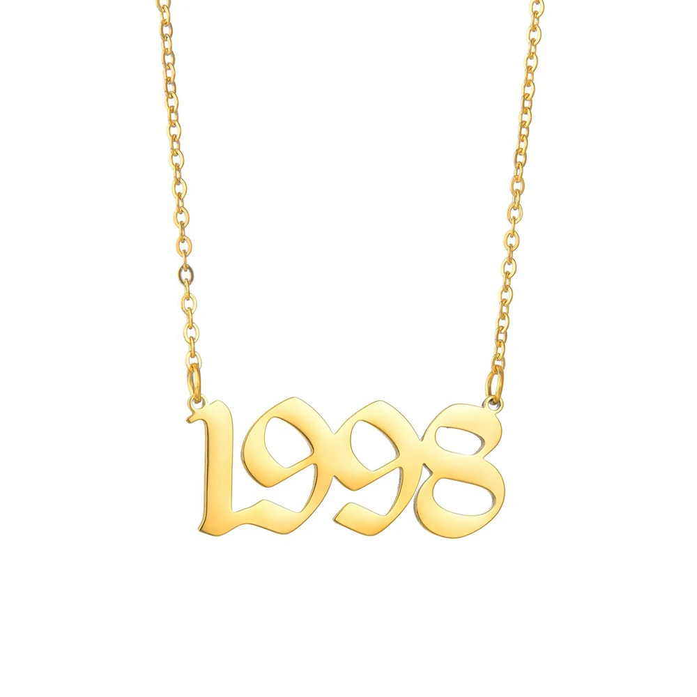 

Wholesale Birthday Gifts Women Gold Plated Stainless Steel Old English Birth Year Necklace, 18k gold, silver