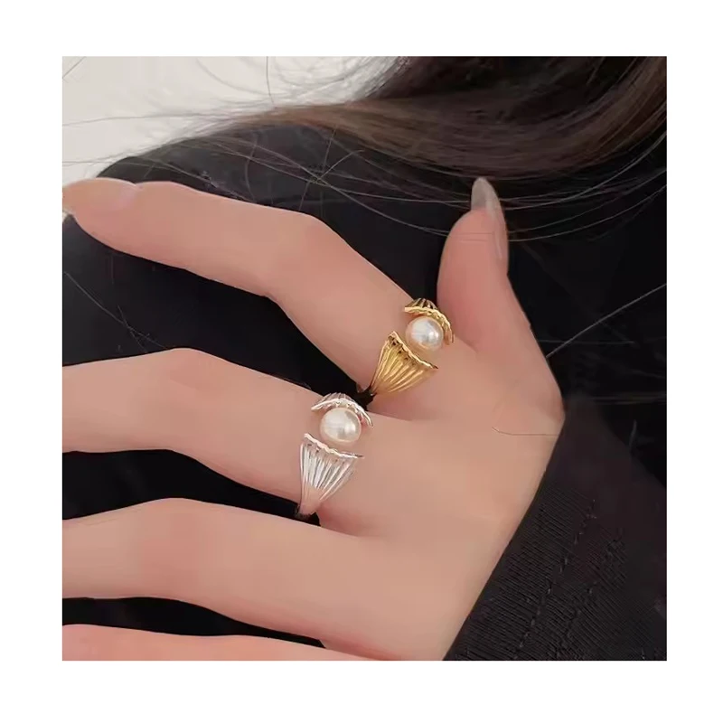 Korean Style Artificial Pearl Shell Shape Open Rings for Women Real 925 Sterling Silver Gifts Fine Jewelry