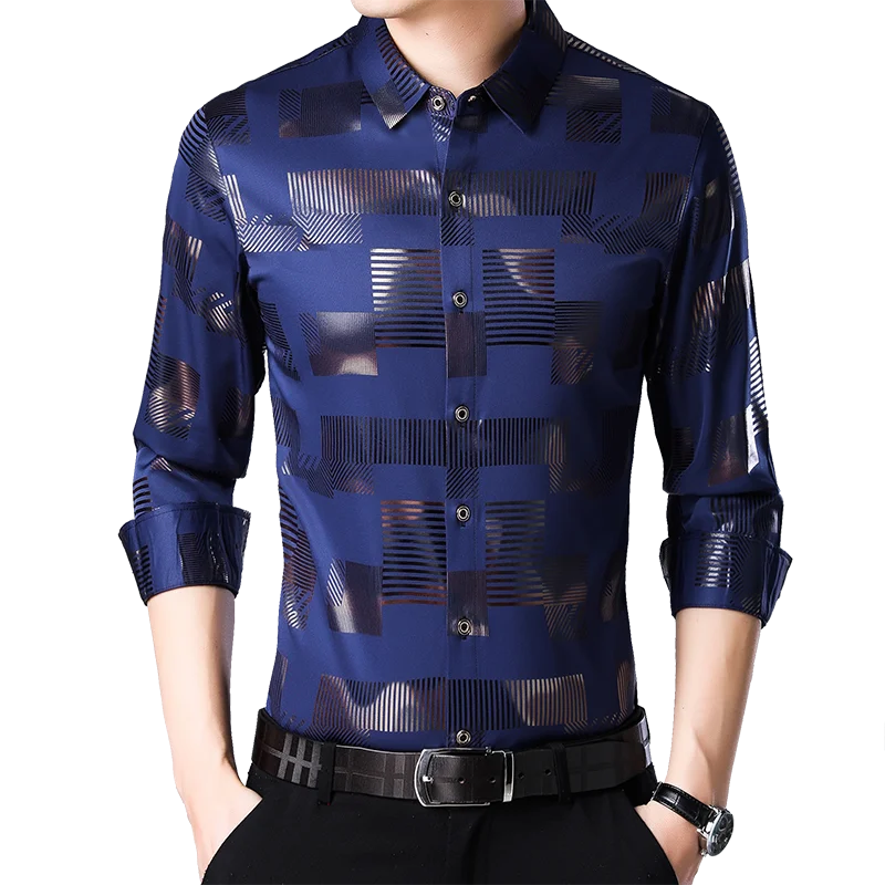 

Fashionable new arrival korea style long sleeve slim fit polyester print man blouse