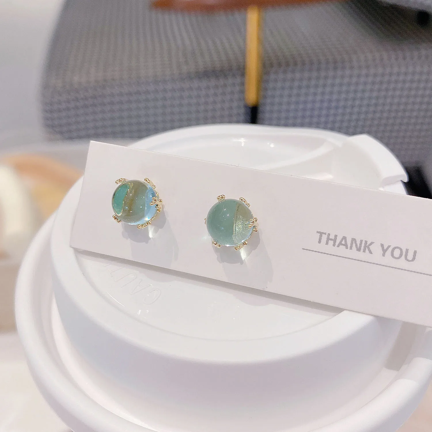 

Vershal A438 Trendy 18k Gold Plated Minimalist Watery Blue Glass Ball Stud Earrings For Women