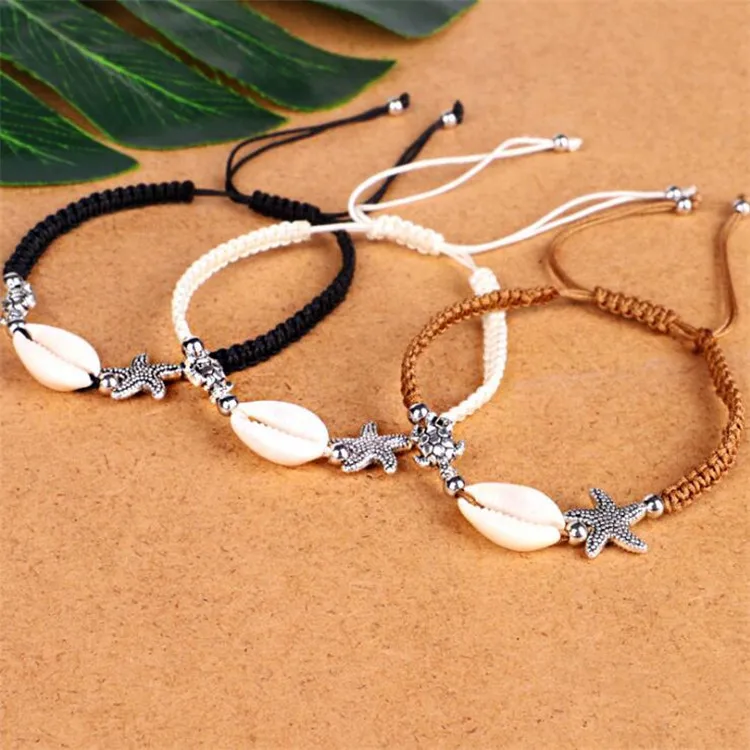 Creative Beach Natural Shell Beads Bracelet Starfish Small Turtle Hand-knitted 3 Color Rope Bracelet women