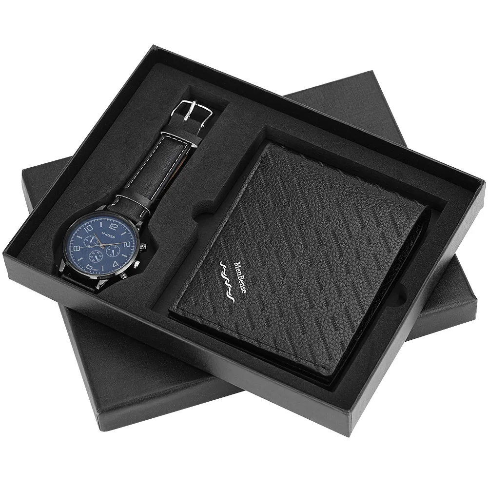 

Amazon hotselling men minimalist gift 2pcs classic casual black wallet custom logo leather strap watches
