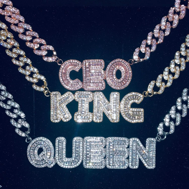 

Wholesale Hip Hop Jewelry Custom CZ Logo Alphabet CEO King Letter Initial Diamond Pendant Necklace with Cuban Chain