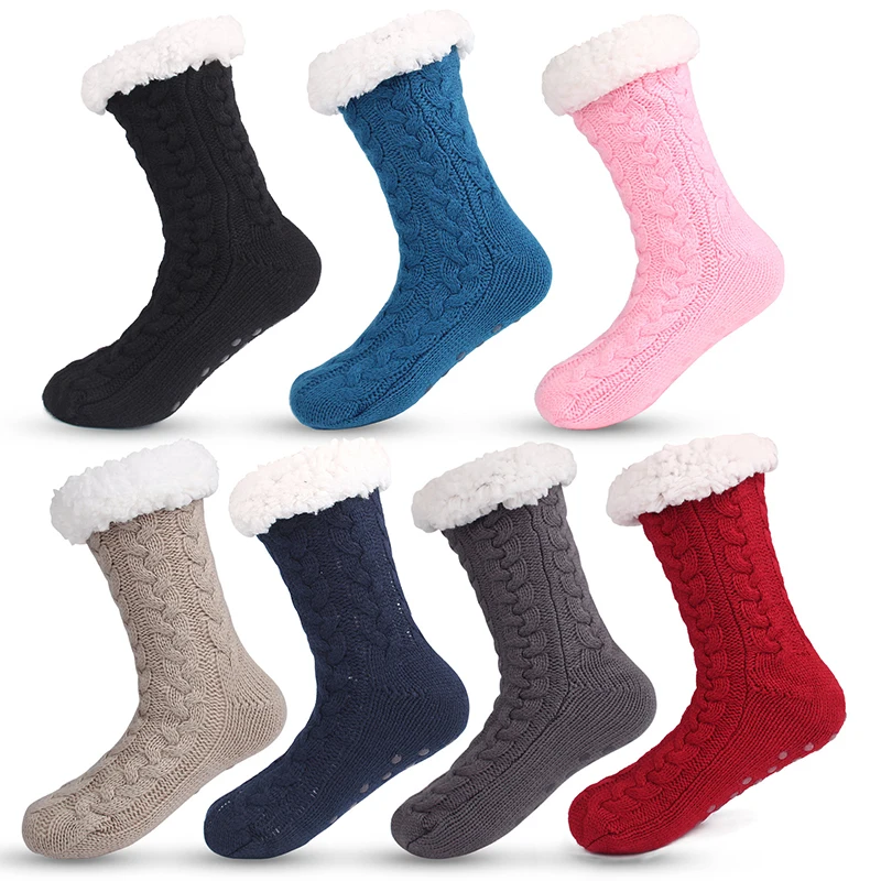 

Woman Anti-Slip Fluffy Fuzzy Slipper Socks With Grips Christmas Cute Stripe Warm Winter Crew Floor socks