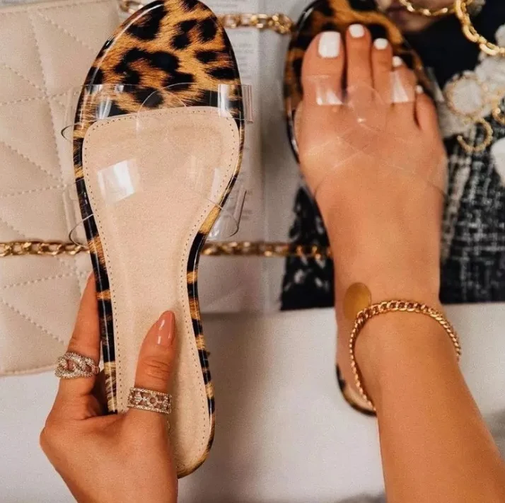 

2021 New Arrivals Novelty Clear Strap Leopard Print Summer Flat Sandals For Women