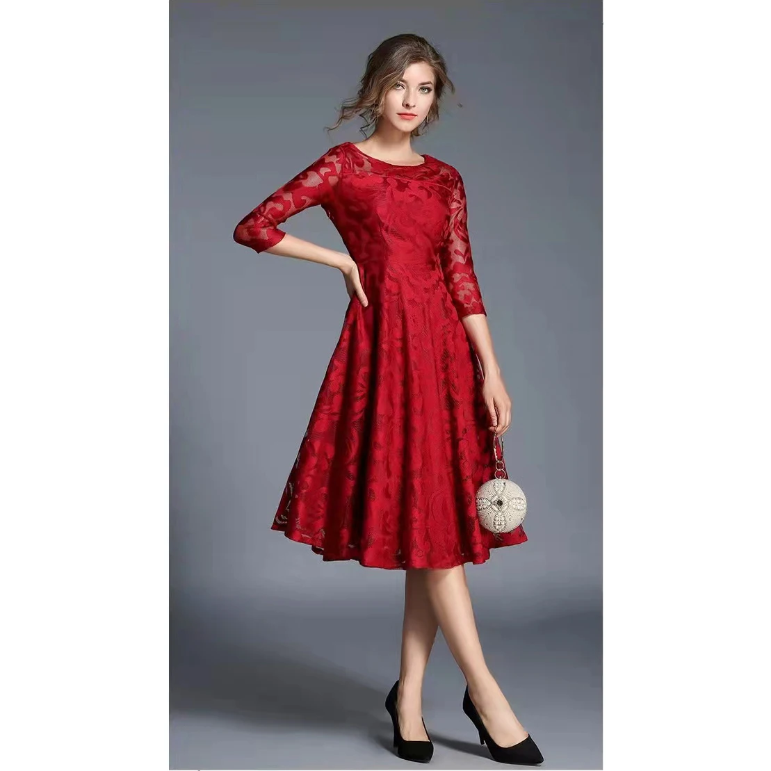 

Women's Sexy Mid Sleeve Stitching Perspective Casual Vintage Lace Dress Drop Shipping, Picture shown