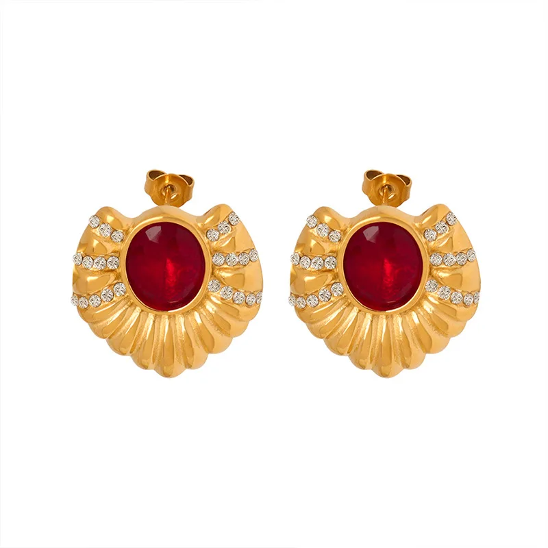 

Waterproof Jewelry Luxury 18K Gold Plated Stainless Steel Earring Inlaid Red Stone Zircon Earrings For Women