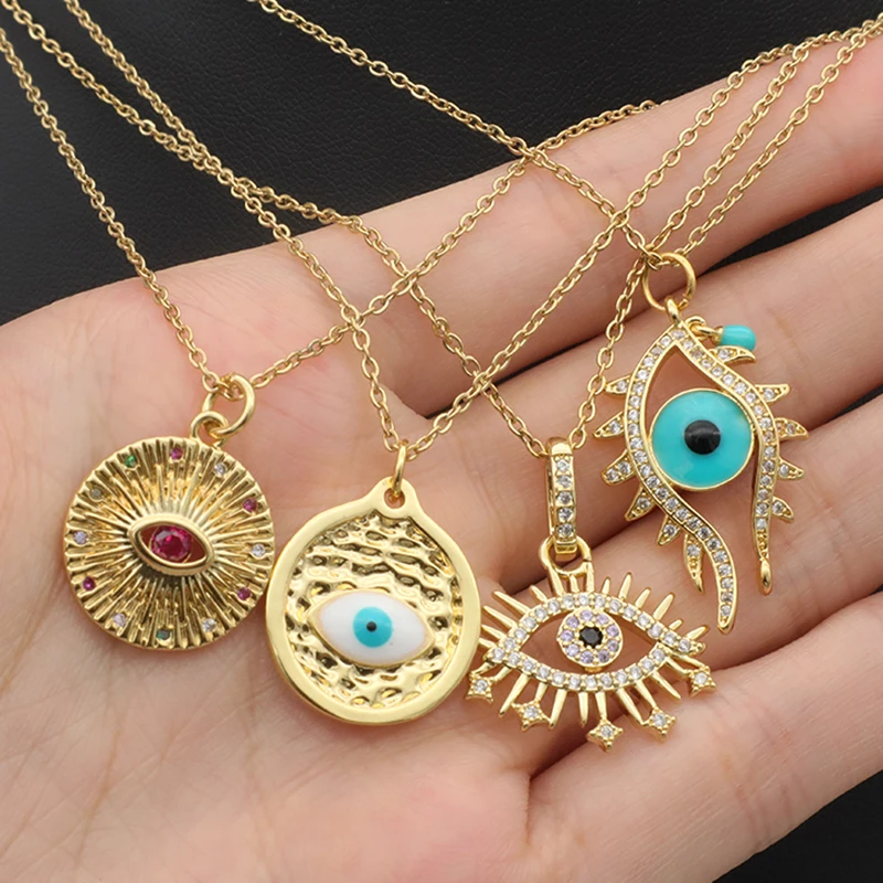 

2021 trendy Gold filled 18K gold plated stainless steel eye blue Turkish evils eye necklace, Multi
