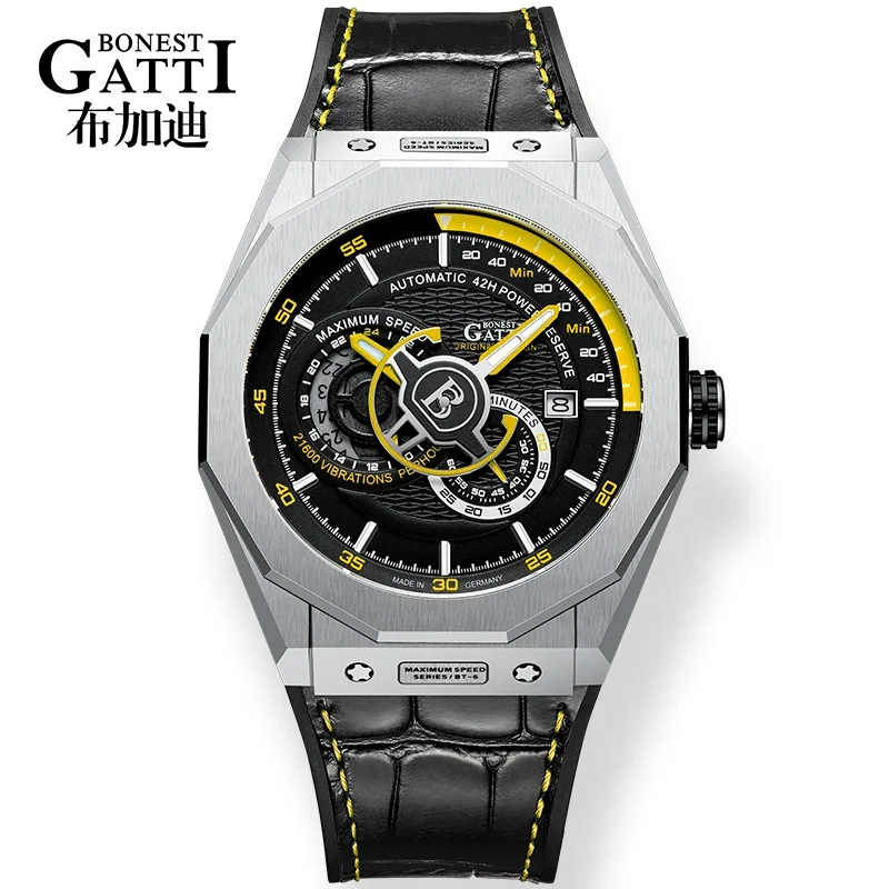 

Stainless Steel Case Luxury Men leather watch Waterproof Automatic Watch, Yellow