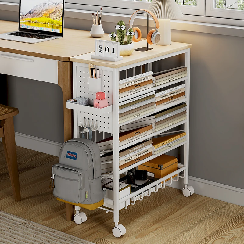 2024 NEW Metal With Wheels 360 Rotation White Drawing Room Corner Sofa Storage Rack Bedroom Children Study Desk Side Bookshelf