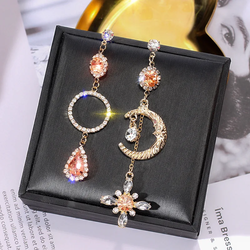 

S925 silver needle fashion asymmetric diamond set earrings Korean long moon fringe earrings, Multicolor