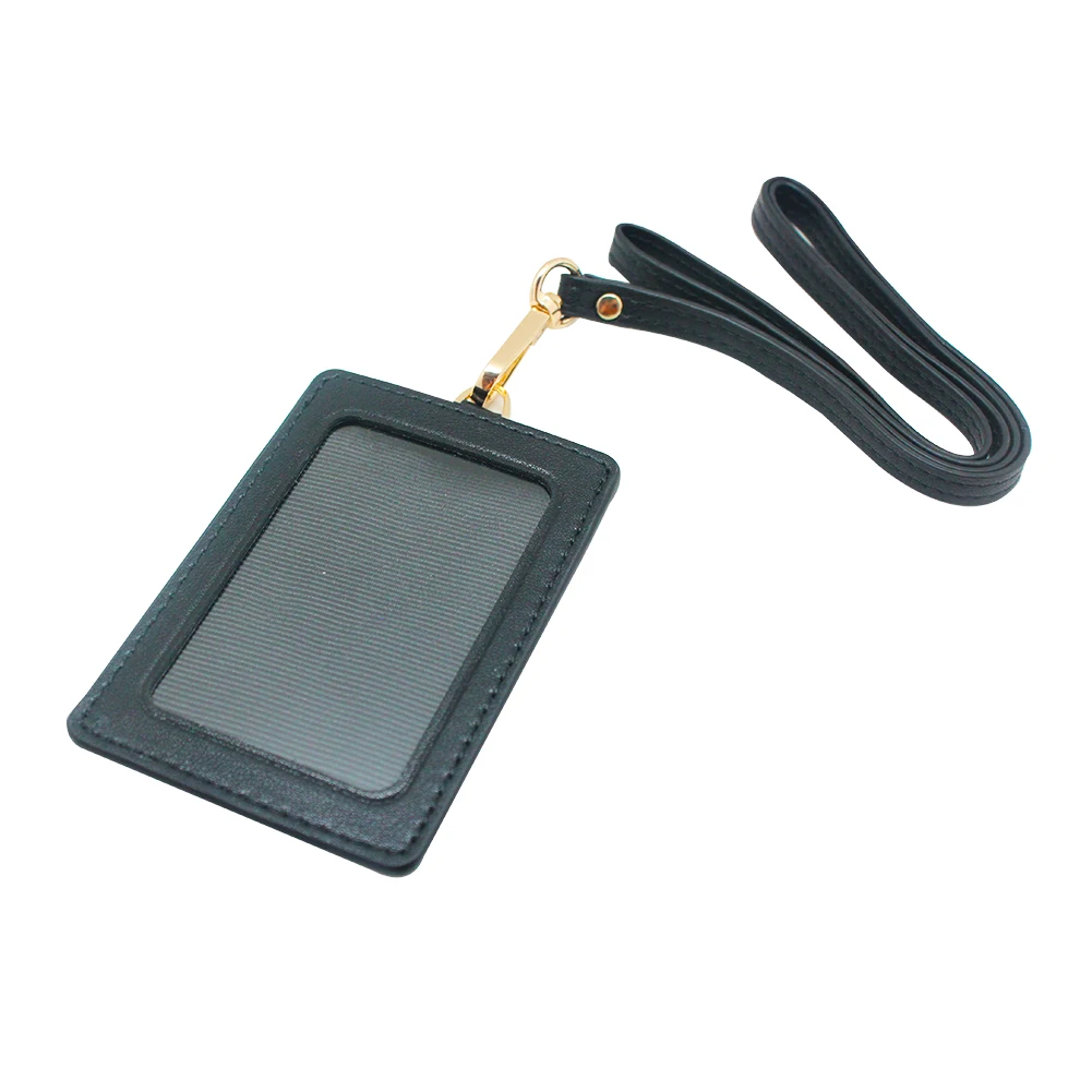 

2021 Boshiho Genuine leather ID Card Holder Vertical Business ID Card Wallet Lanyard for Retractable Transportation Card Badge, Black