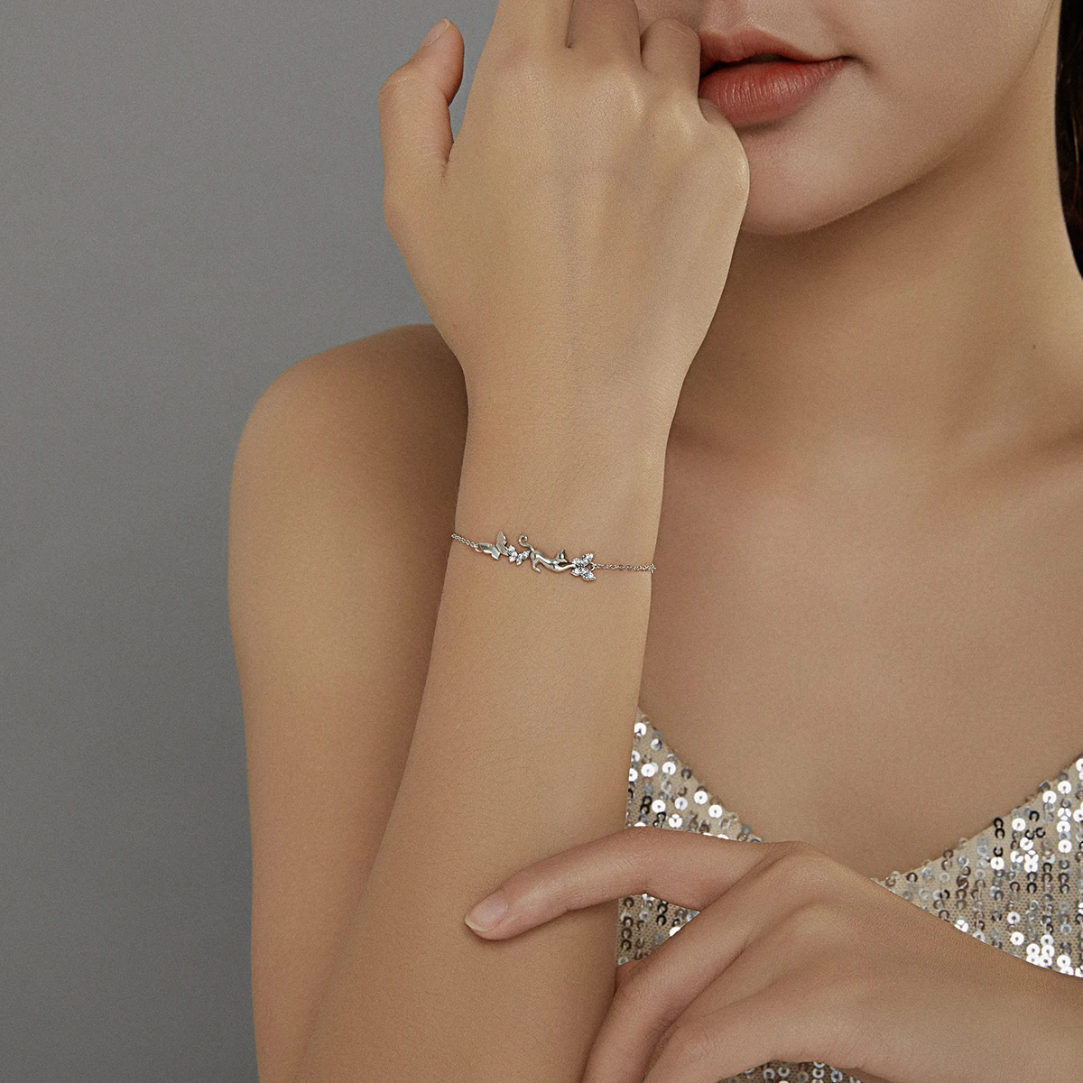 

Genuine Jewelry Women 925 Sterling Silver Cat And Butterfly Chain Bracelet For Girl Gift