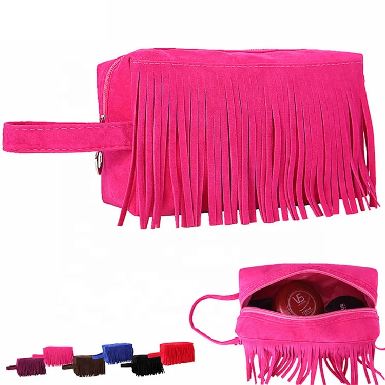 

2021 New Square Toiletry Bag Travel Portable Tassel PU Suede Cosmetic Bag, Purple, hot pink, black, royal blue