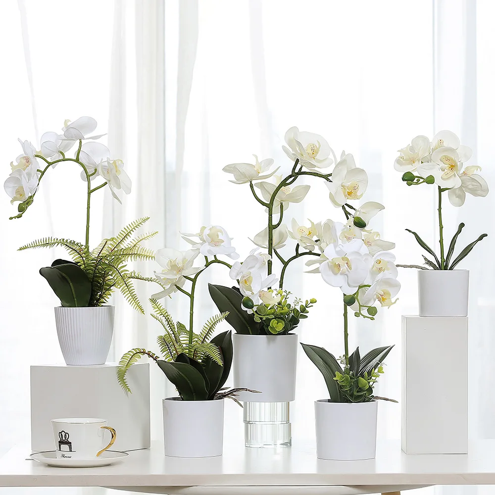 

Wholesale real touch white 7 heads artificial butterfly orchid flower in white pot