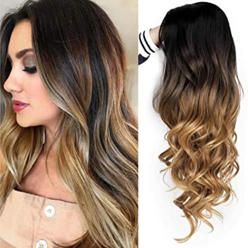 

European and American Long Curly Hair Wigs Fluffy Big Waves Black Ladies Gradient Brownish Yellow Wigs, Photo color