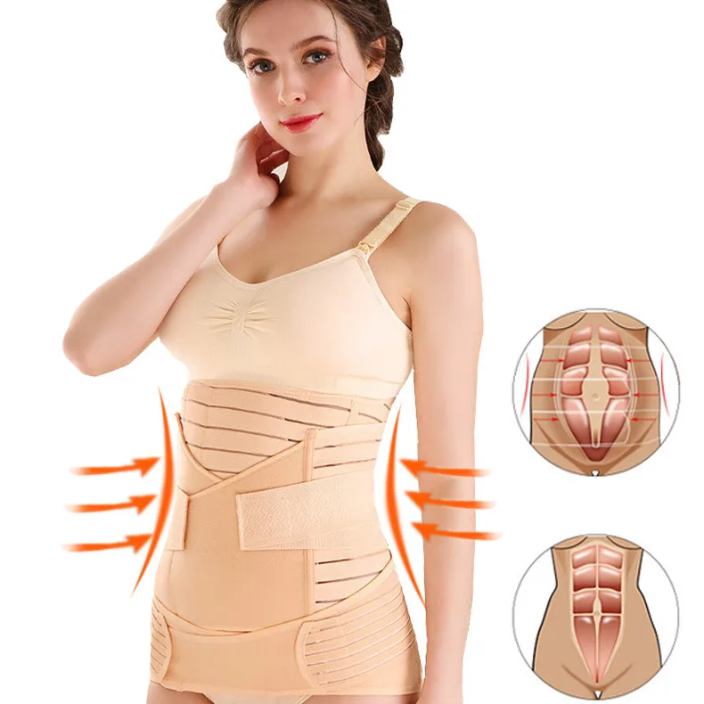 

After Delivery 3 in 1 Set Waist Shaper Abdomen Control Trainer Wrap Postpartum Recovery Belly Corset Belt, Pink, beige