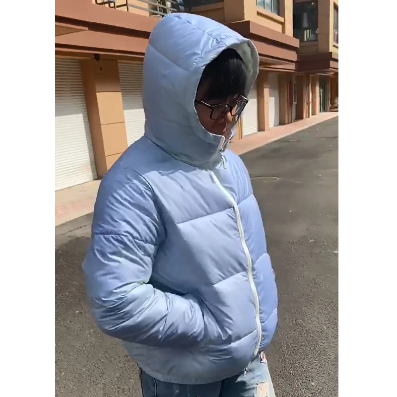 

latest fashion style women winter warm light white color changing into blue bubble puffer coat hoodie jacket for outdoor wear, White into blue / rainbow, gray, black, pink, etc