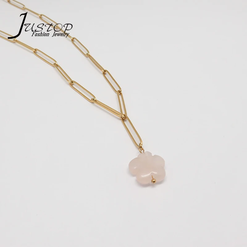 

WOMEN'S Natural Pink Stone 18k Gold Plated Flower Shape Rose Quartz Necklaces ODM Manufacturers Jewelry, As picture