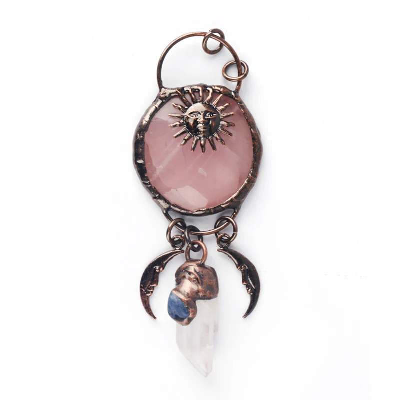 

Rose Quartz Sun Flower Pendant With Clear Quartz Point For Accessories