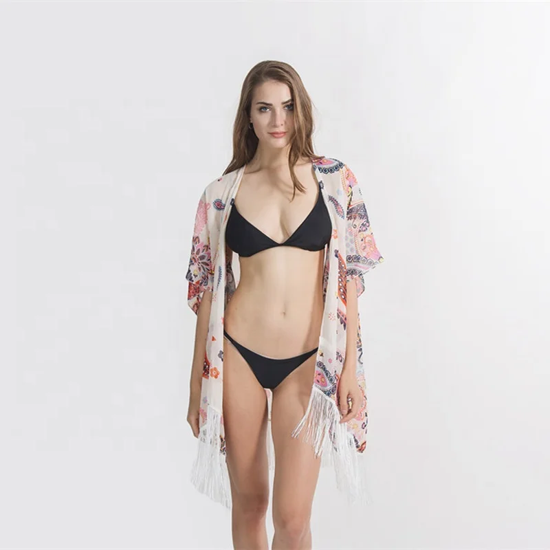 

Fasion beach printed Bikini coat kimono cardigan long women, White printed or blue printed