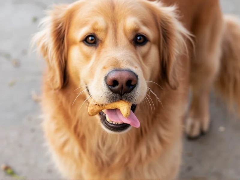 Golden retriever eating homemade dog biscuit