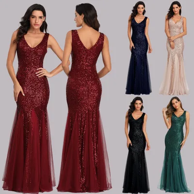 

Sequined mermaid fishtail v-neck sleeveless bridesmaid dresses long, Customized color