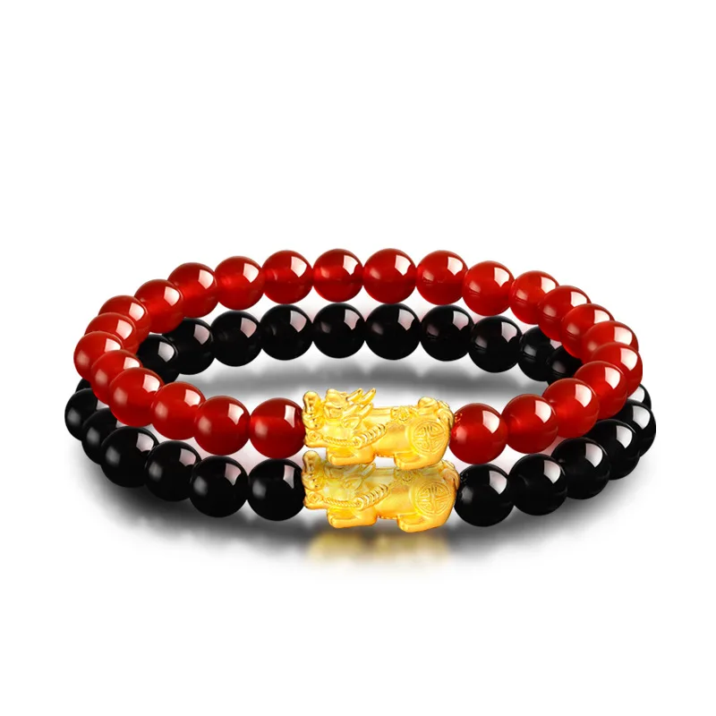 

Fashion Gold Plated Charm Fengshui Pi Xiu Handmade Stretch Agent Garnet Beads Women Mens Pixiu Bracelets, As picture