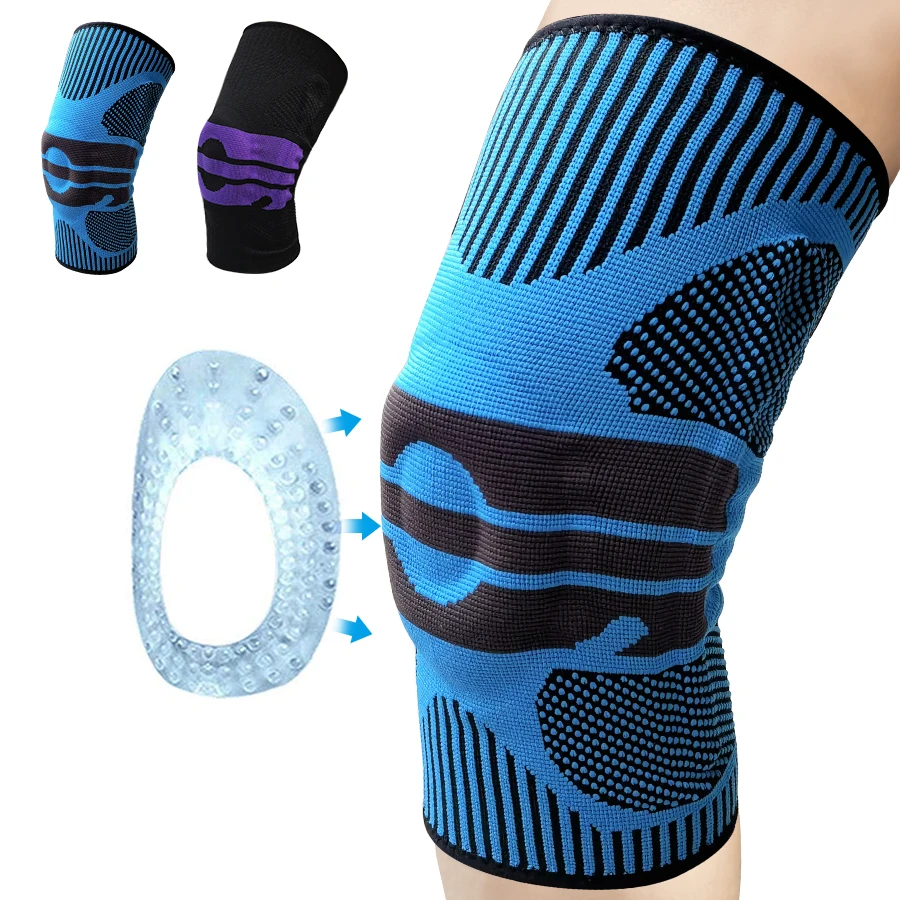 

2021 New Design Elastic Breathable Nonslip Knee Compression Support With Side Stabilizers Silicone Pad Knee Brace, Black,purple,