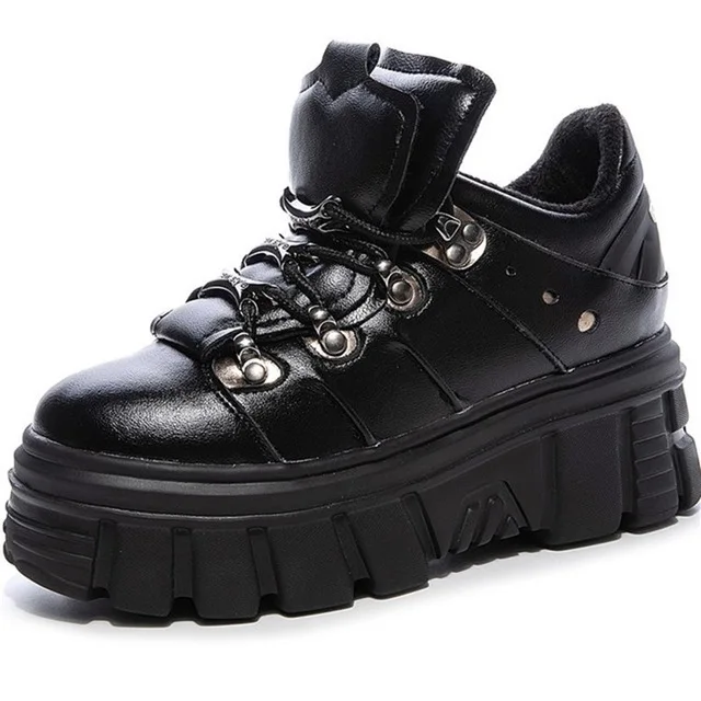 

Women autumn winter new leather round head casual high-top shoes plus velvet fashion warm thick bottom non-slip sneaker