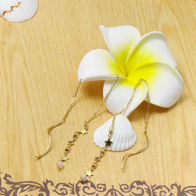 
Moonstone Beads Real 9K Fine Jewelry Long Gold Chain Earring Online Order Fast Shipping 