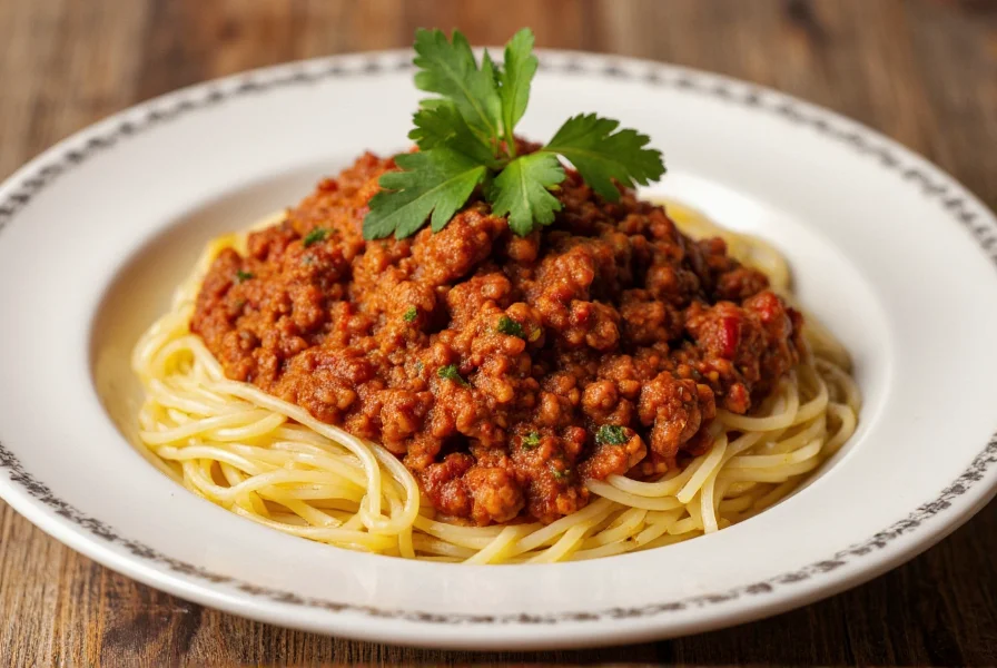 Chili con carne served over spaghetti with fresh parsley garnish