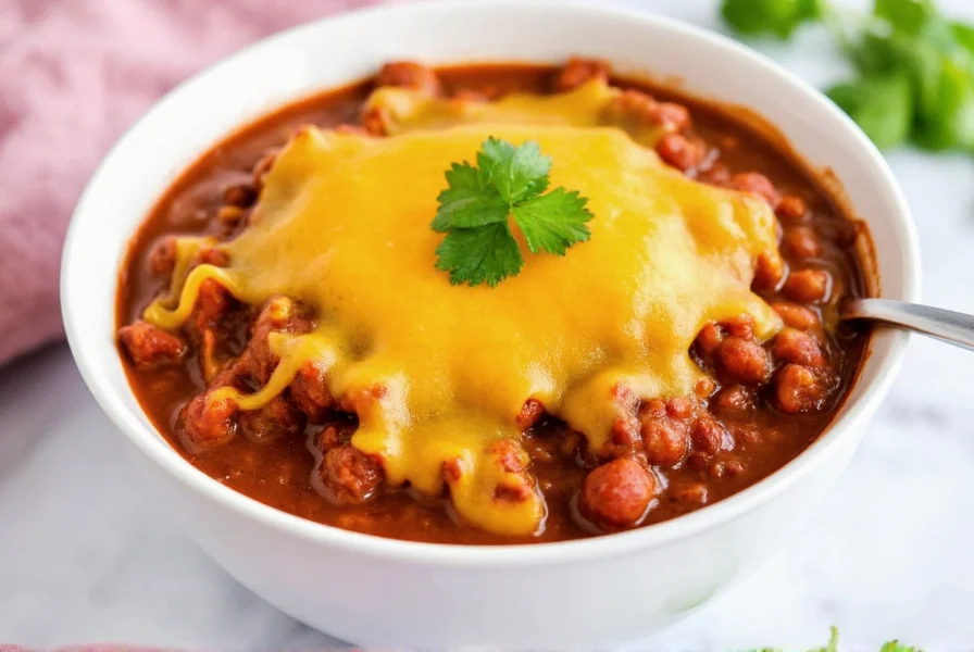 Perfectly cooked Instant Pot chili mac in white bowl with melted cheese topping and fresh cilantro garnish