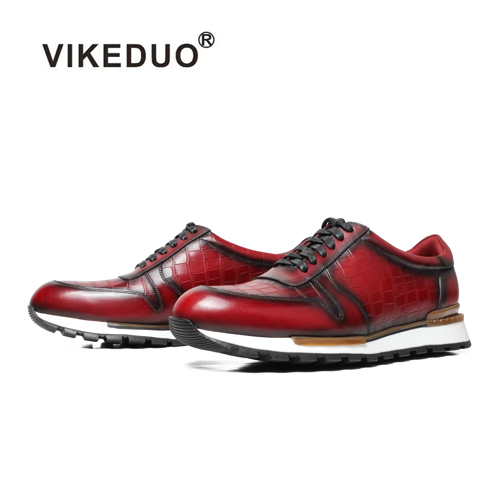 

Vikeduo Hand Made Super Nice & Comfortable Red Fashion Casual Shoes Men Genuine Calf Crocodile Embossed Leather Sneakers