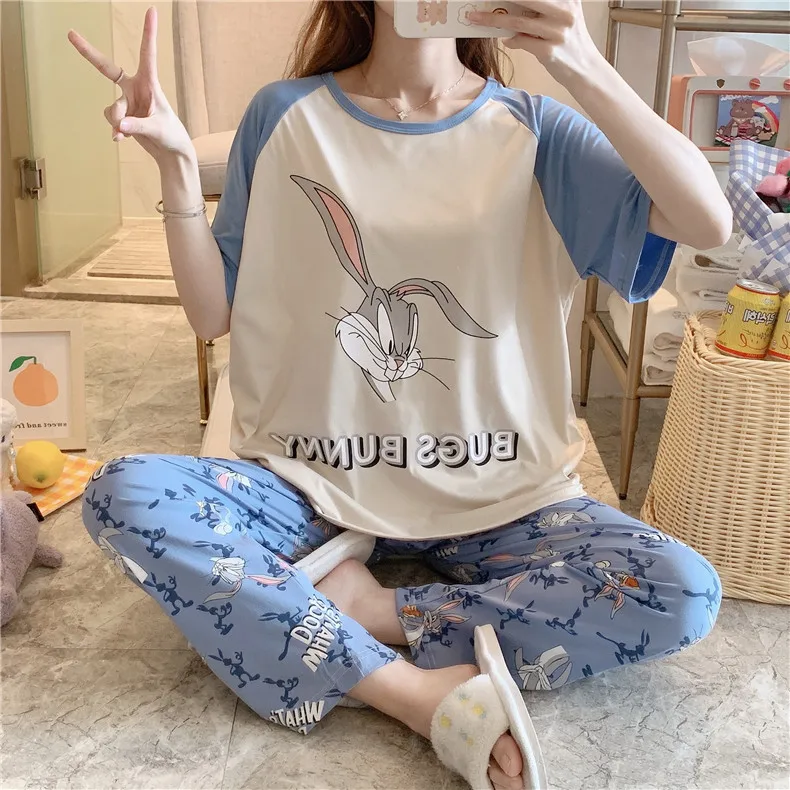 

Best Seller Short Sleeve Sleepwear Piyama Lucu Pijama Dama Pyjama Satin Milk Silk Pajama 2 Piece Sleep Wear Set Women Night Suit